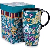 Topadorn 17oz Ceramic Travel Mug with Lid, Bird Floral Coffee Mug | Folk Art Bird Design &bull; Large Ceramic Coffee Cup &bull; Comfortable Handle &bull; Microwave &amp; Dishwasher Safe &bull; Gift Box Included