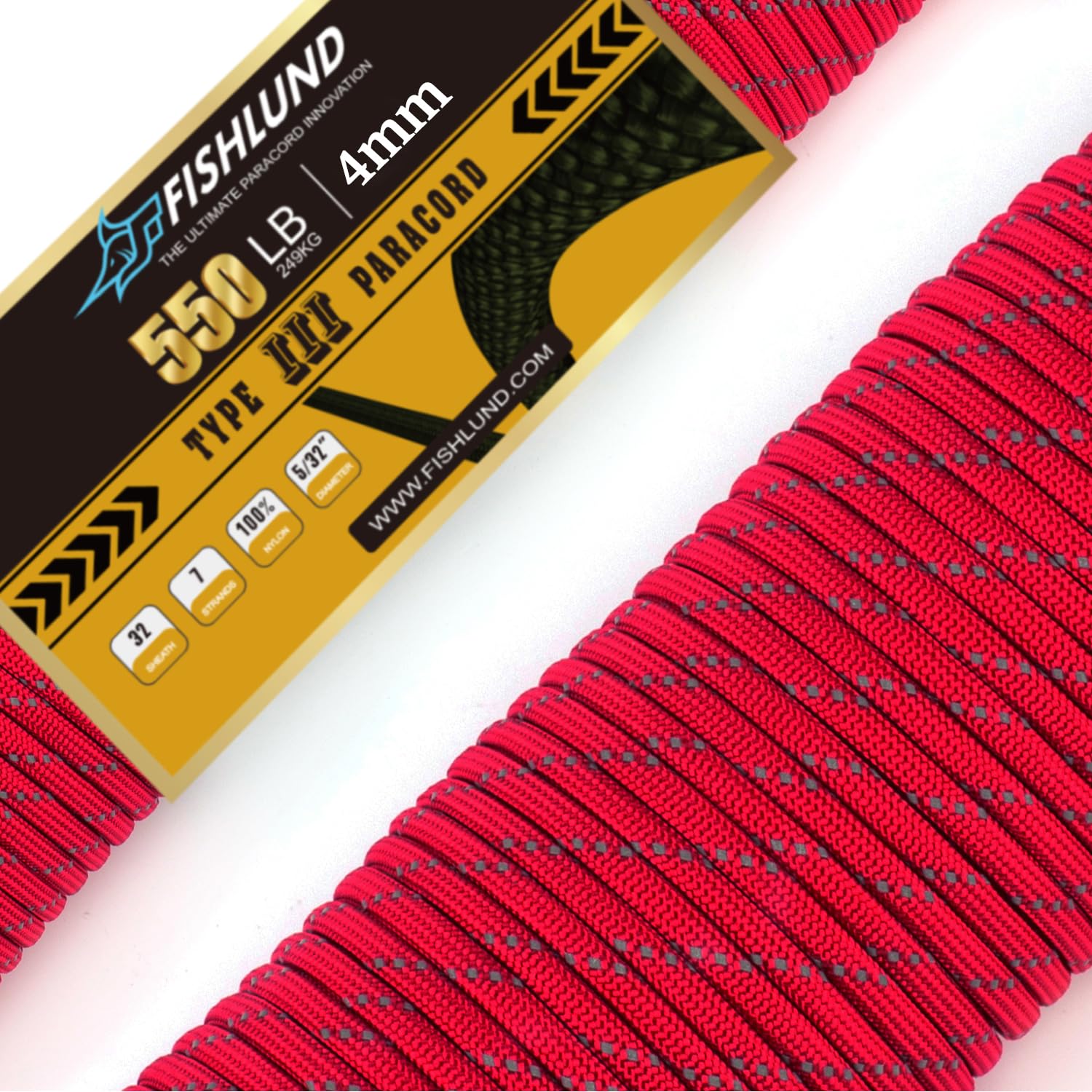 FISHLUND Reflective Paracord 550 lb, 7 Strand Paracord Rope 100ft 4mm, Nylon Parachute Cord for Camping, Imperial Red
