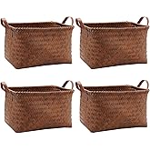 GIB Large Wicker Storage Baskets for Shelves Clothes Blankets Basket Woven Laundry Basket for Organizing, Decorative Rectangular Closet Organizers and Storage Bins with Handles, Brown, 4 Pack