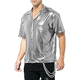 Casey Kevin Men's Short Sleeve Collared Metallic Shirts Button Down Reflective Sequin Rave Outfit Holographic Disco Top