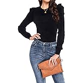 Women's Ruffle Long Sleeve Sweaters Crew Neck Lightweight Sweater Fall Trendy Ribbed Knit Pullover Tops