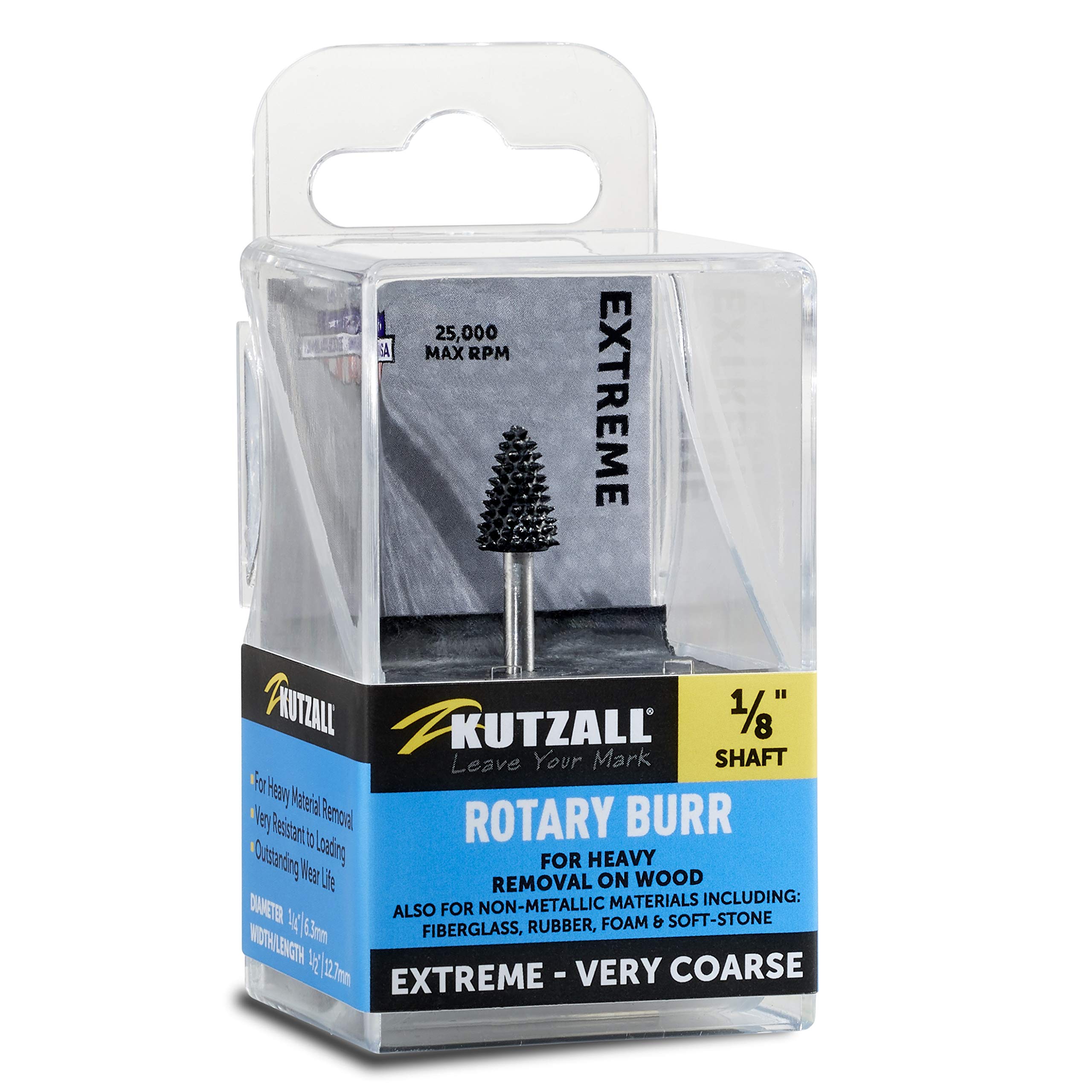 Kutzall Extreme Taper Rotary Burr, 1⁄8" Shaft, Very Coarse - Woodworking Attachment for Dremel, Foredom, DeWalt, Milwaukee. Abrasive Tungsten Carbide, 1⁄4" (6.3mm) Dia. X 1⁄2" (12.7mm) Length TX-14-EC