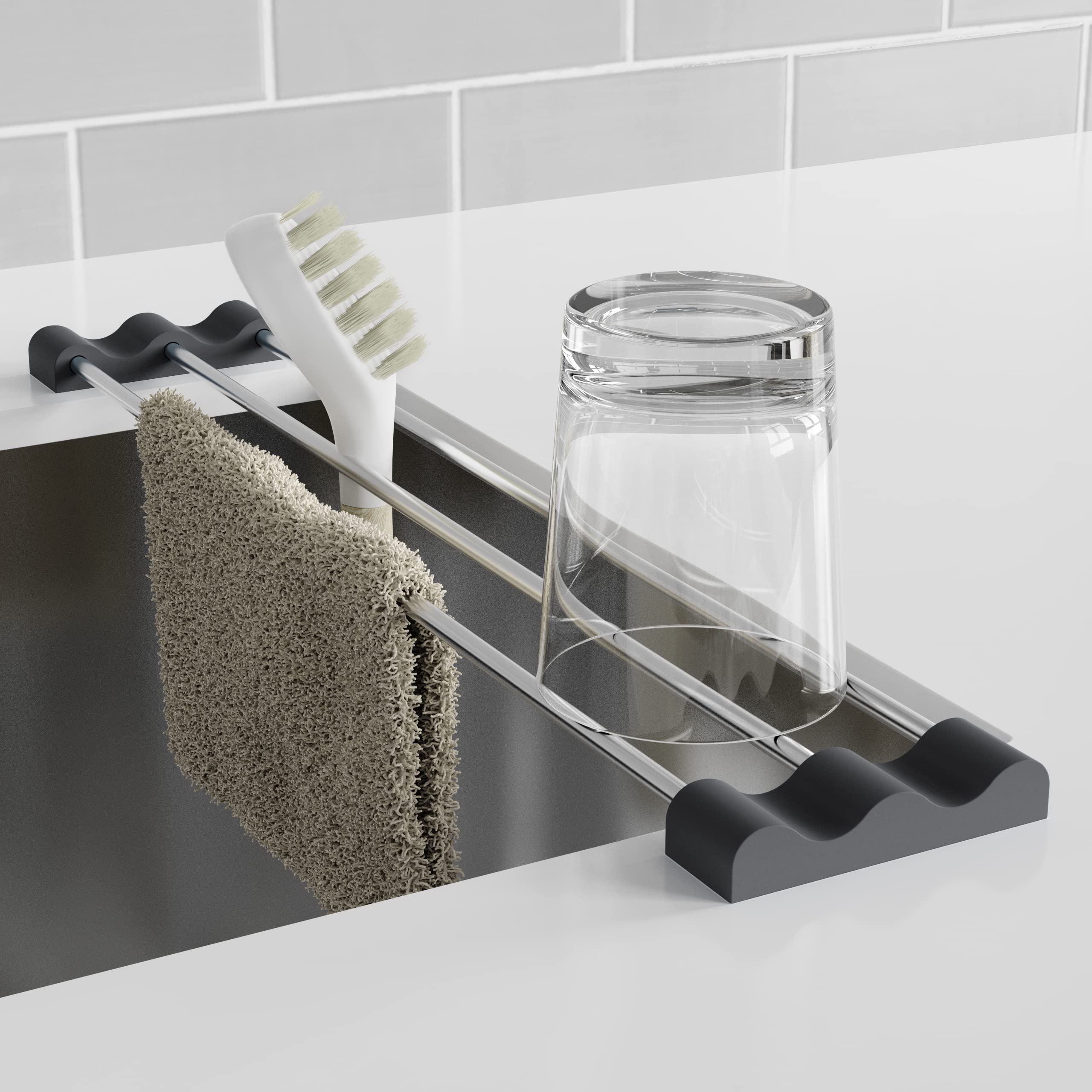 Photo 1 of Tomorotec Adjustable Over-The-Sink Kitchen Rack for Dishcloths, Sponges, Bottles and Brushes - Heat-Resistant Stainless Steel with Slim, Expandable Design and Multifunctional Silicone Holder
