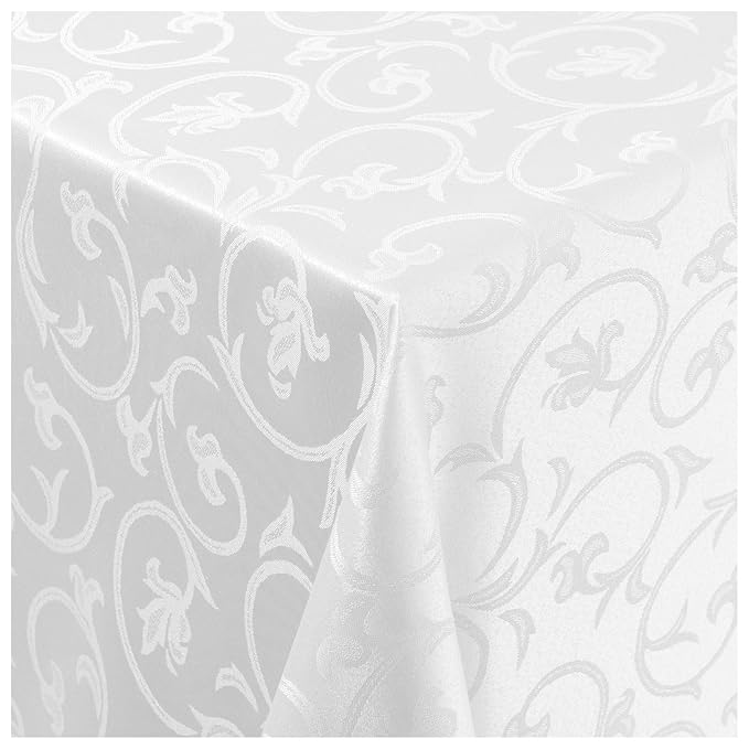 MODERNO Tischdecke Stoff Damast Barock Jacquard Ranken Design mit Saum oval 140x190 cm Weiss