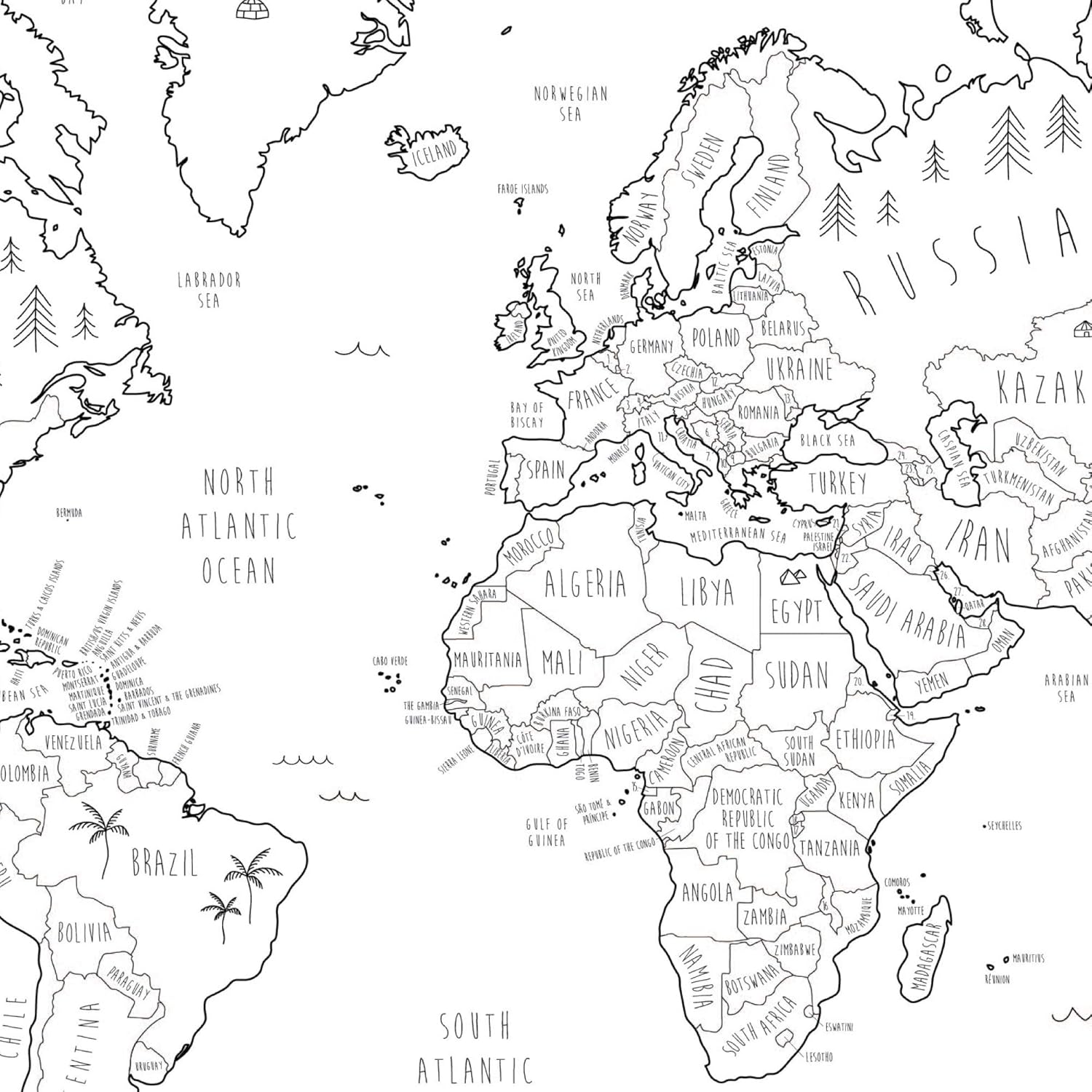 Poster A Colorier En Gras Mardi Avec Noms De Pays Carte Du Monde Pour Enfants Motif Carte Du Monde Globe Pour Enfants Impression A La Maison Impression A Colorier 70 X 50