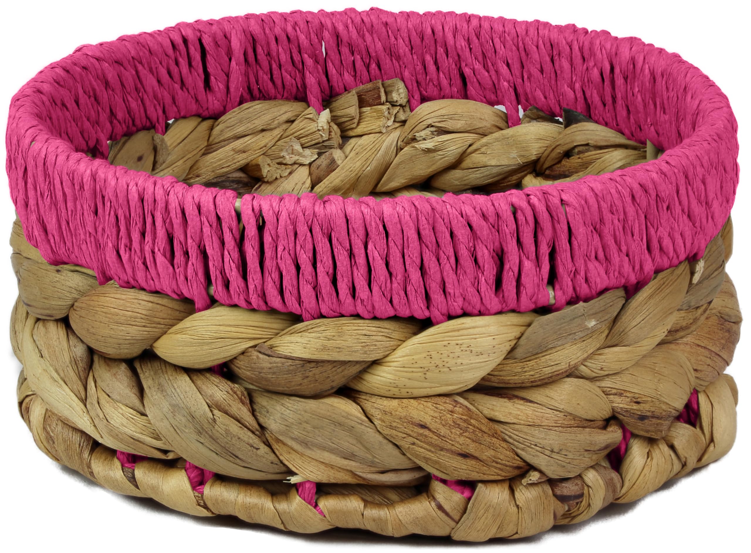 Small Water Hyacinth round baskets for storage Natural colour with Pink edges for shelves open hamper. Decorative gift bathroom storage mini tray make up bathroom Kitchen organiser (1, Medium 18cm)