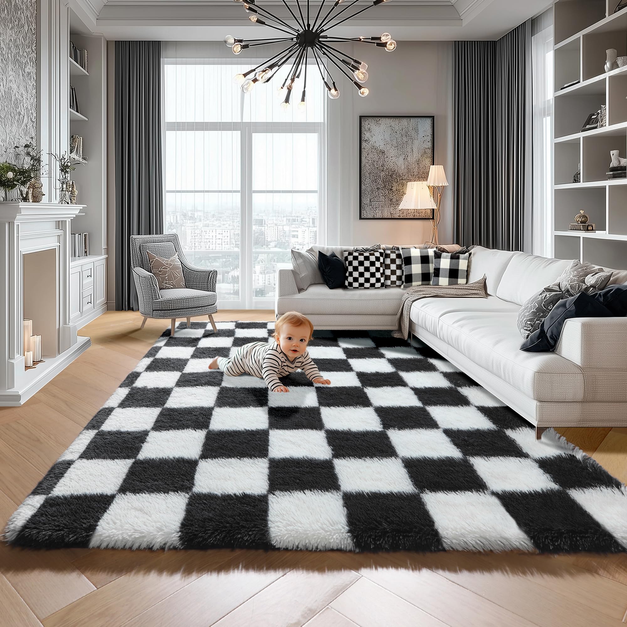 View 1 of KICMOR 5x7 Rug for Living Room Bedroom, Fluffy Black and White Area Rug Fuzzy Shaggy Floor Carpets, Big Large Soft Plush Checkered Rugs for Kids Girls Boys Room Dorm Nursery, Home Decor Aesthetic