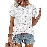 OFEEFAN Blouses for Women Dressy Casual Petal Short Sleeve Shirts Crochet Lace Boho Tops Spring Fashion Summer Outfits