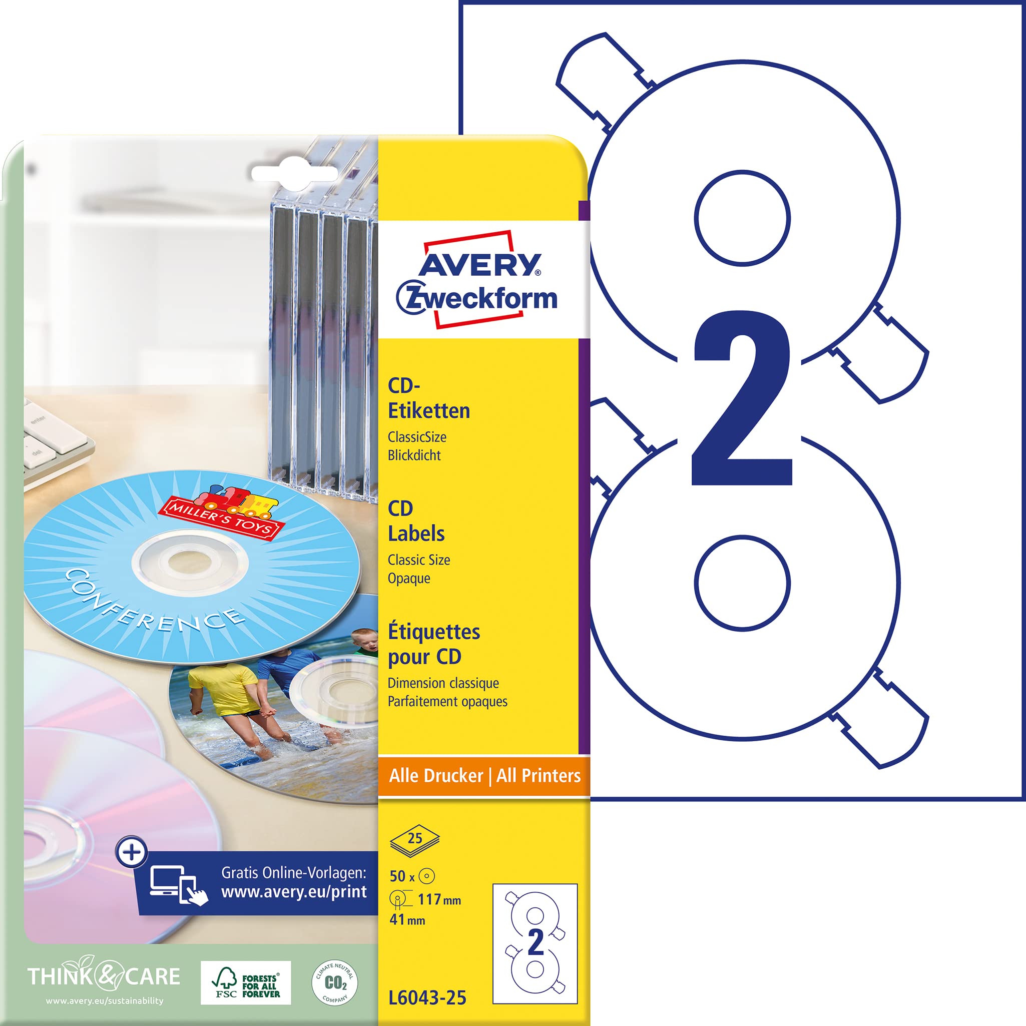Avery Zweckform L6043 25 A4 Pack of 50 CD Labels Diameter 117 mm 25 Sheets White