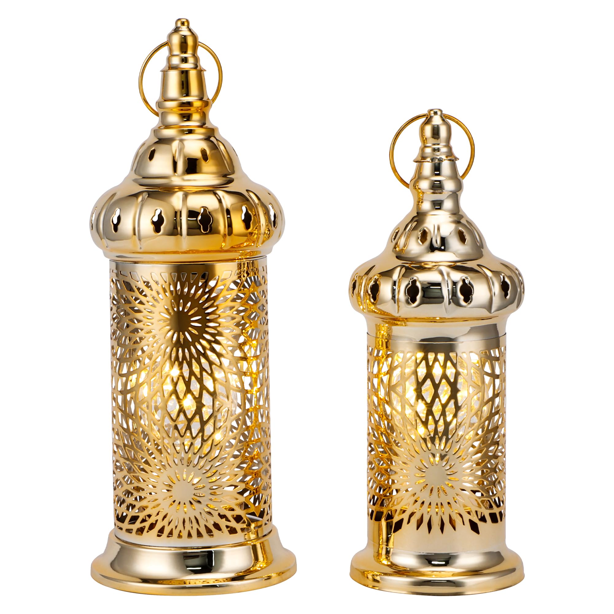 Photo 1 of TRIROCKS Ramadan Lanterns Set of 2 10" &12.5" Gold Electric Candle Holders with Timer, Metal Decorative Vintage Lanterns for Indoor/Outdoor Decor, Perfect EID Mubarak Gift