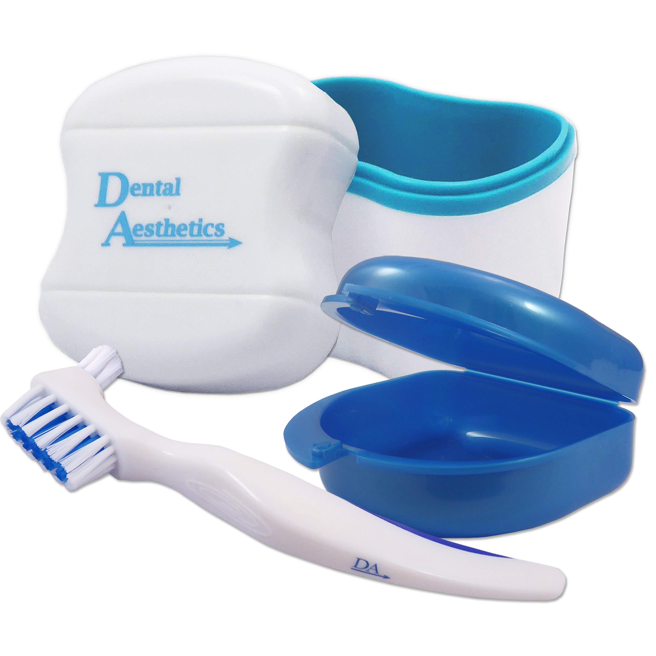 Dental Bath, Retainer Case and Brush ~ Storage Case and Container for Soaking and Cleaning Ortho Retainers (Blue Bath, Blue Case)