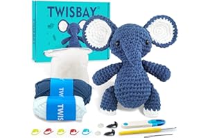 TWISBAY Jumbo Elephant Crochet Kit for Beginners - Elephant Amigurumi Crochet Kit with Step-by-Step Video Tutorials for Adults and Kids with Crochet Yarn