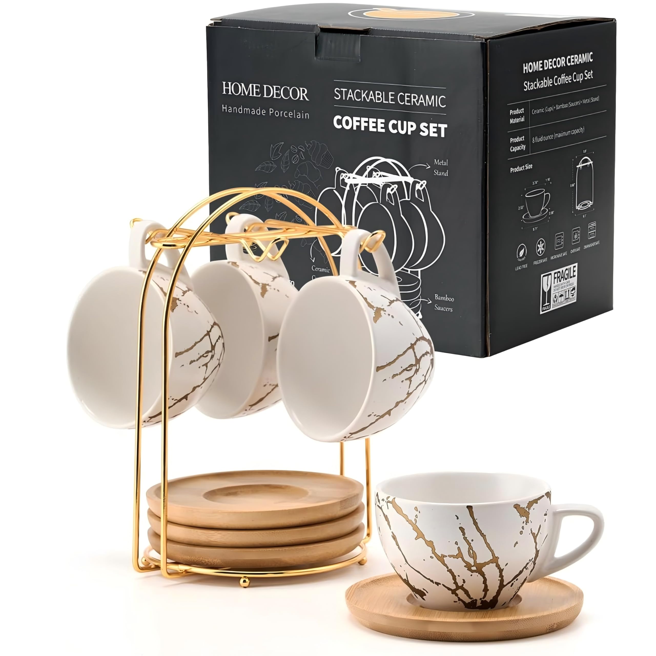 HOME DECOR Ceramic Cappuccino Cups Set of 4, 220ml Stackable Cappuccino Mugs and Saucer with Metal Stand for Coffee Lover, Cappuccino, Latte, Americano and Tea -White Golden