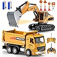 Remote Control Excavator and Dump Truck Toy Set - RC Construction Vehicles Toy with Barricades, Road Signs, Simulated Rocks, Lights and Sounds, Birthday Gifts for Toddlers 3-12 year Boys Girls