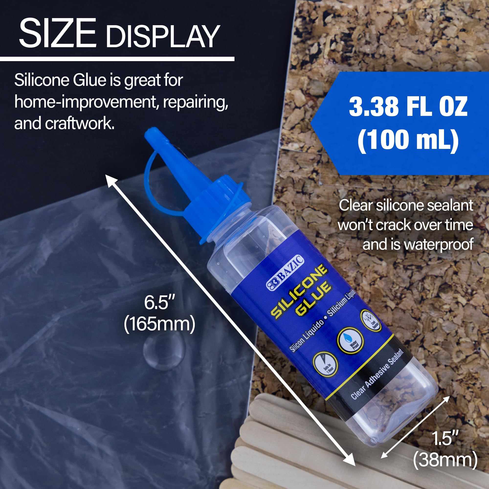 BAZIC Silicone Glue 3.38 Oz. (100 mL), Waterproof Crack Resistant, Quick Repair for Glass Window Plastic Kitchen, 1-Pack