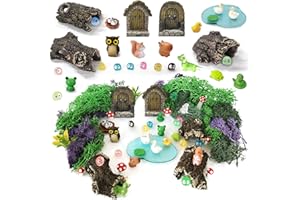 QuarenDen 40 Pcs Miniature Fairy Garden Accessories, Fairy Door, Miniature Tree Stumps and Tiny Resin Animal with Moss for DI