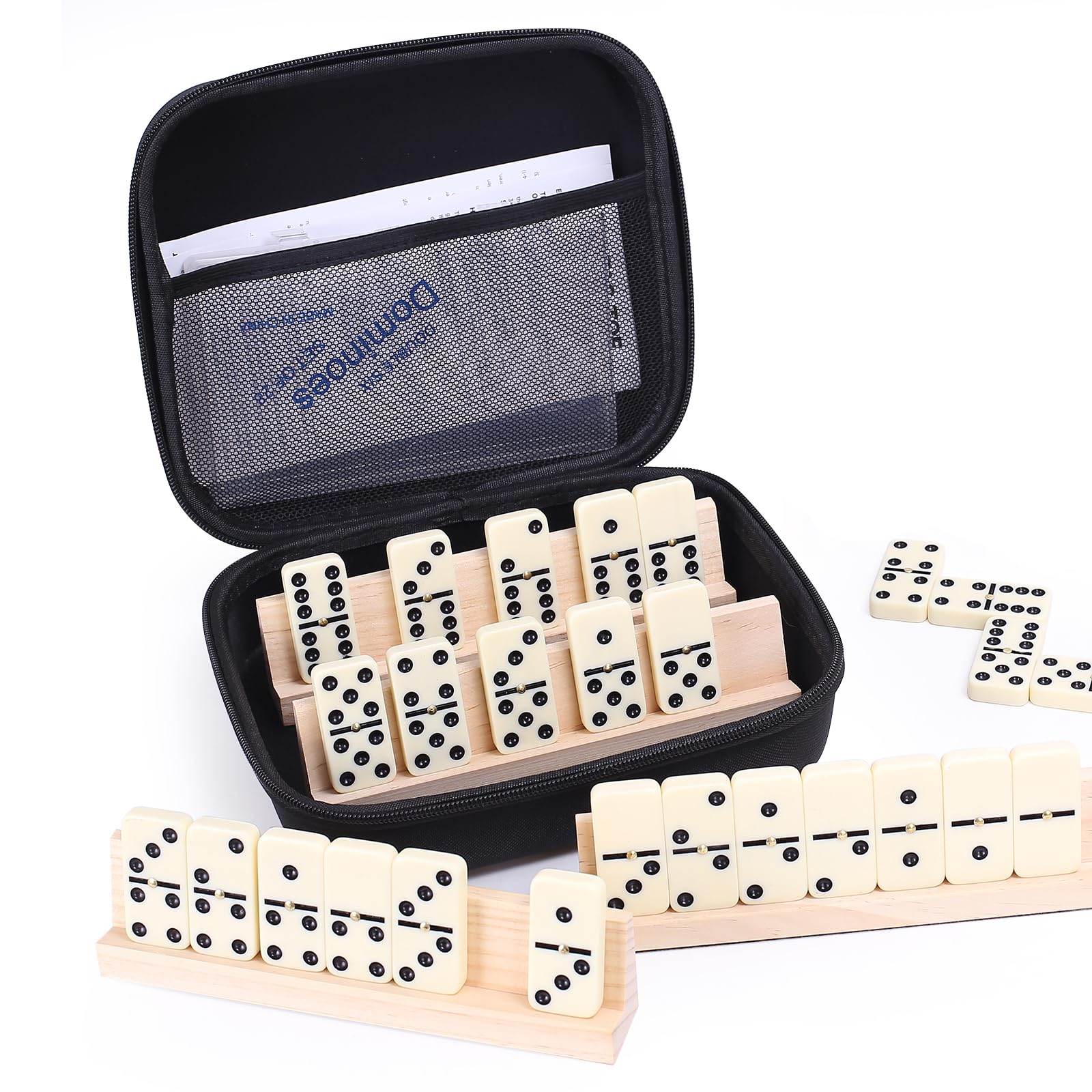 Domino Game Set, 28 Tiles Dominos with 4 Wooden Racks, Wood Classic Board Games, Portable Travel Game with Carrying Case