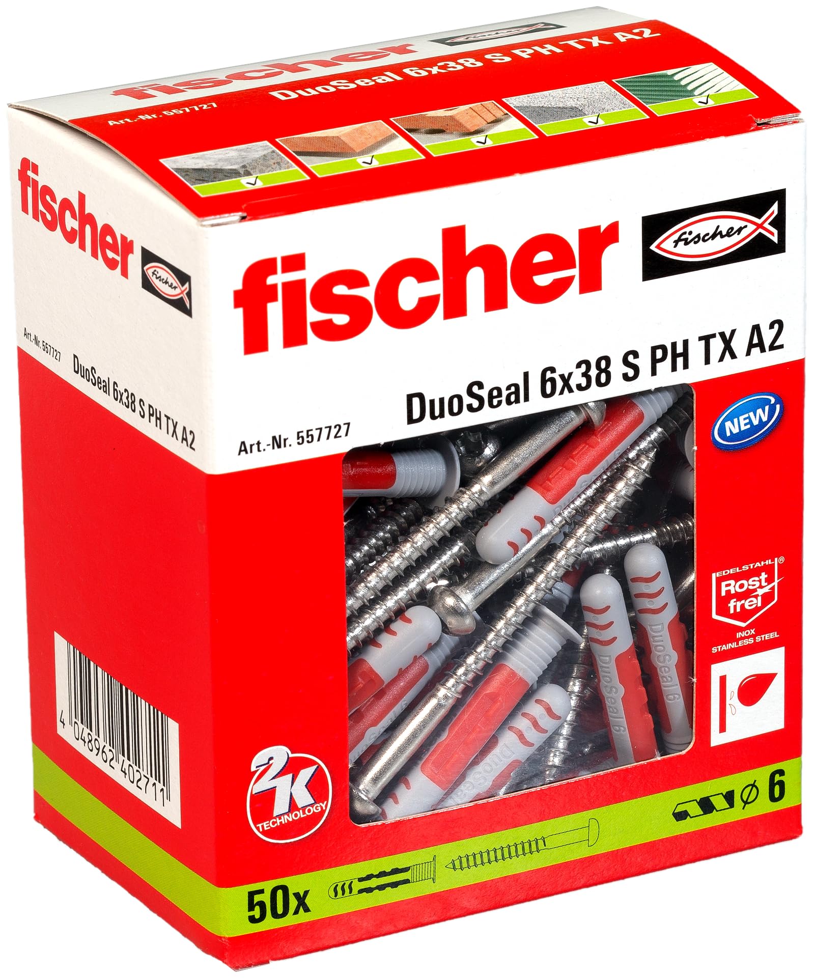 fischer DuoSeal 6 x 38 S A2, universal plugs & stainless-steel screws for wet areas, powerful 2-component sealing plugs for fastenings in damp areas, 50 pcs