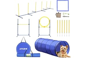 Aetleemo Dog Agility Training Equipment Set, Outdoor& Indoor, Deluxe Obstacle Course Starter Kit w/Tunnel, Adjustable Hurdle, Jumping Ring, 6 Weave Poles, Pause Box, Carry Bag