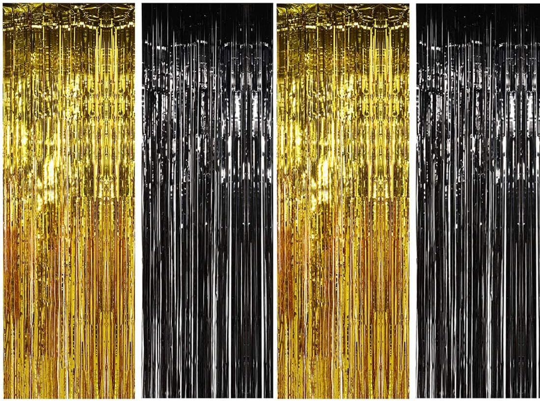 Muhome Black and Gold Foil Fringe Curtain, 4PCS 3.28FT x 8