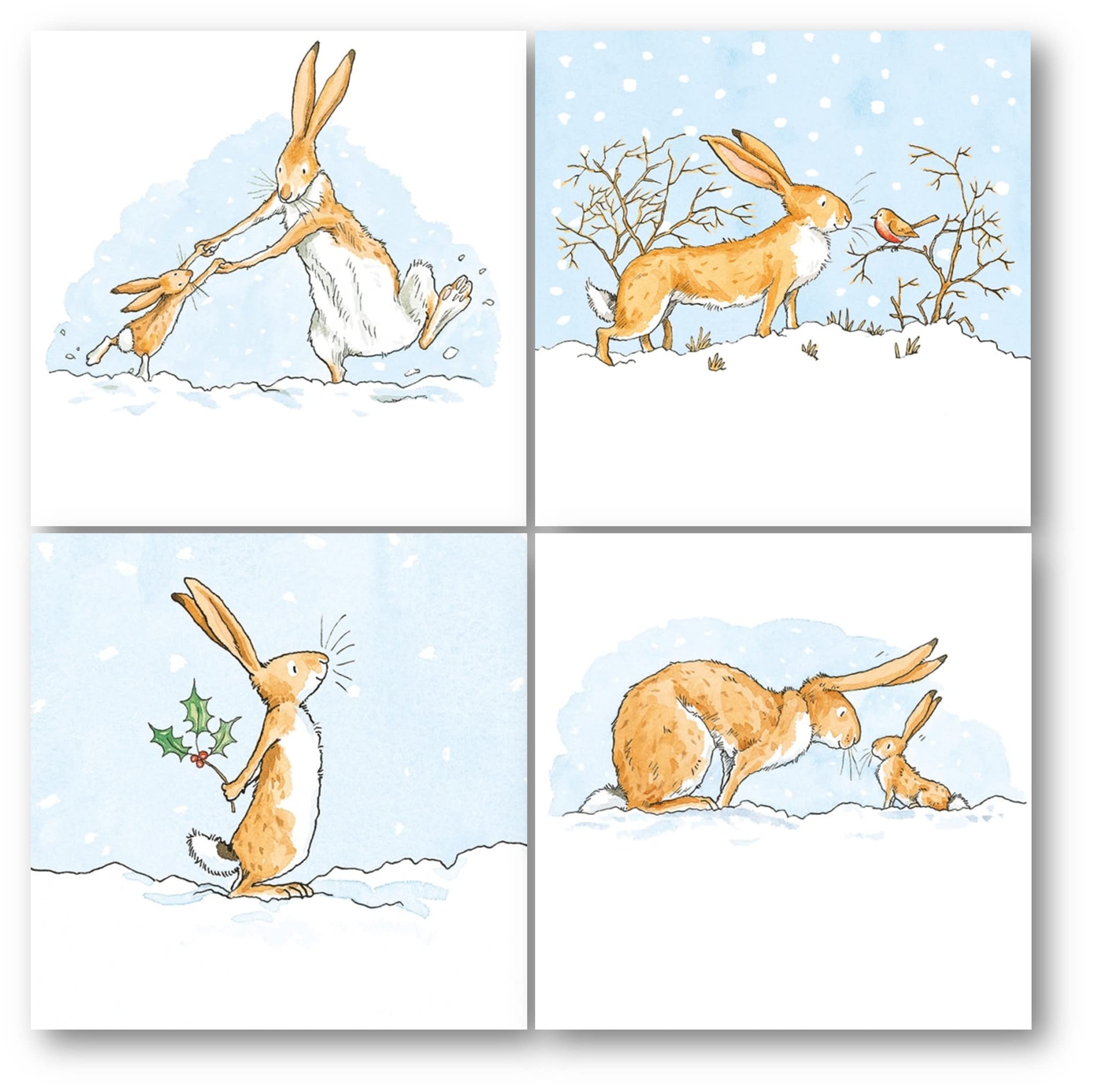 Museums & Galleries Christmas Cards Pack of 16 - Hares Fun in the Snow - Guess How Much I Love You - Eco-Friendly and Recyclable