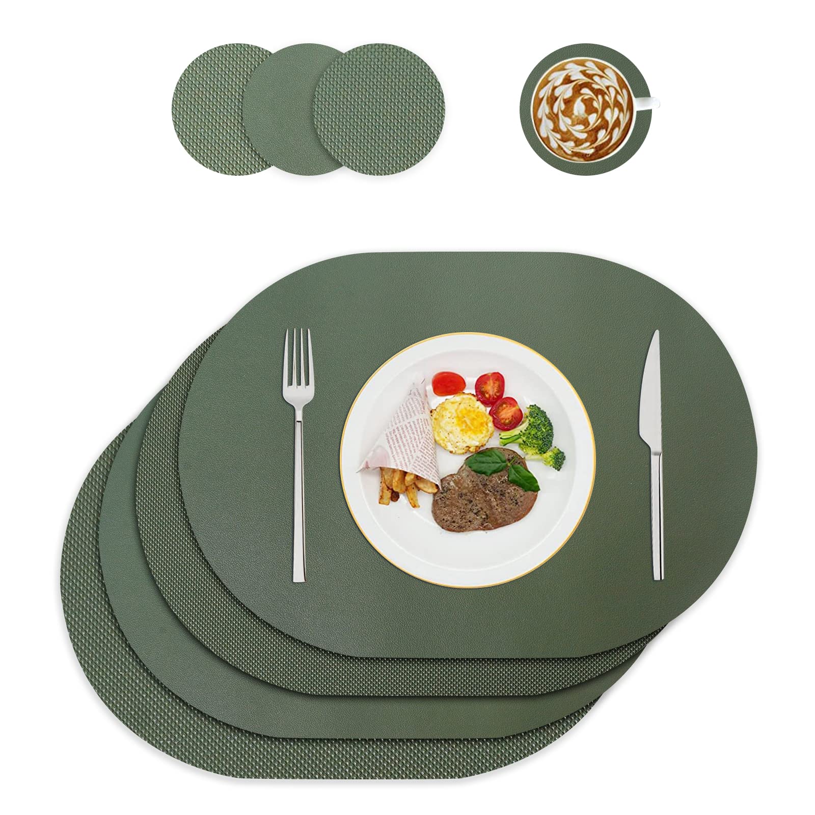 WAKOSAN Leather Placemats and Coasters - Washable, Table Decoration Set of 4 (Oval, Green)