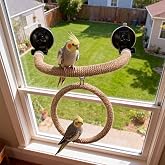 Natural Flax Bird Perch Window Stand, Strong Suction Cups Bird Window Perch | Movable Parrot Training Perch for Window Mirror Car Tiles | Universal for Budgie Cockatiel Conure (U-Shaped Perch + Swing)