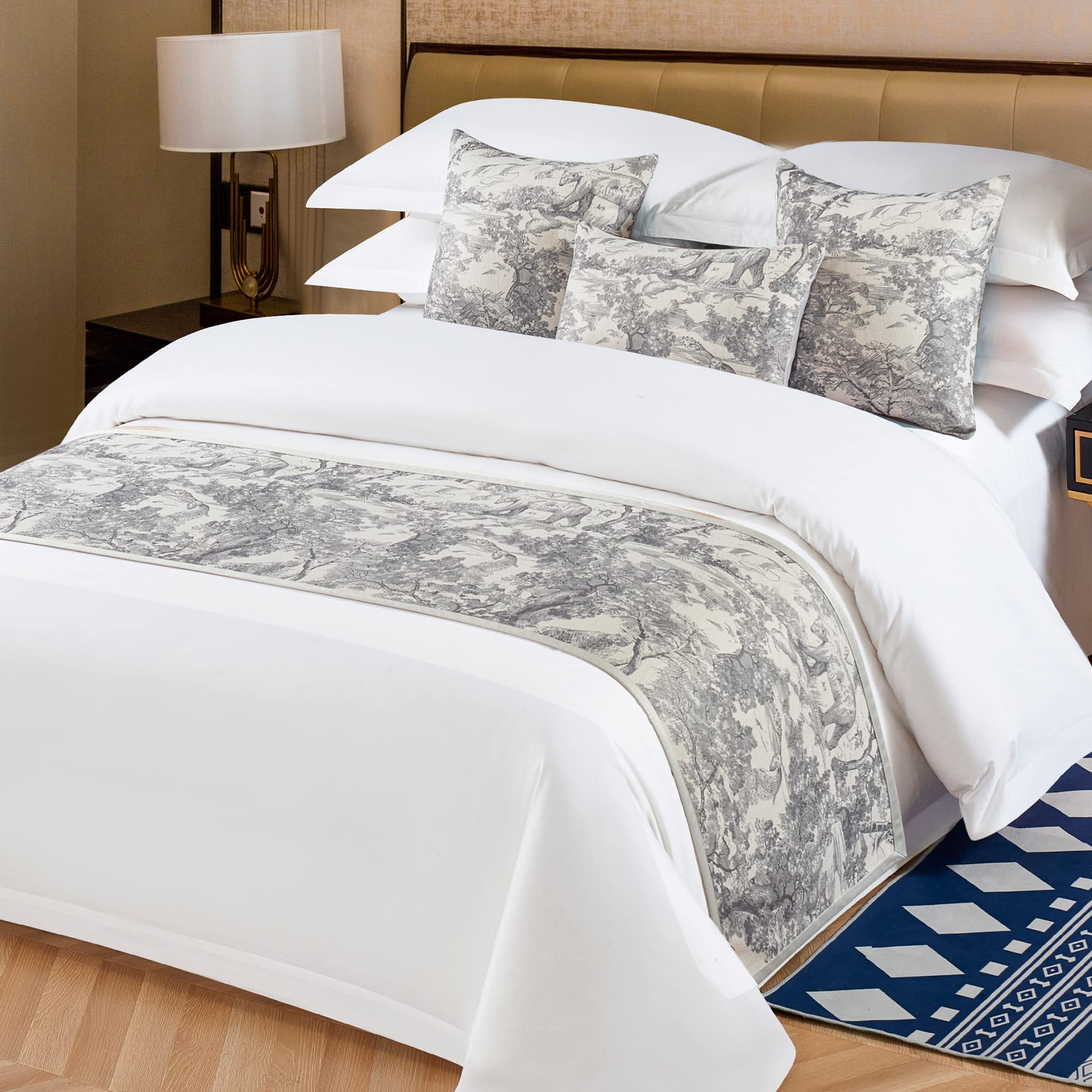 OSVINO Floral Bed Scarf 100% Microfiber Elegant Fade Resistant Bed Runner Bedspread Slipcover Bedding Decor for Wedding Room Bedroom, Grey, Single