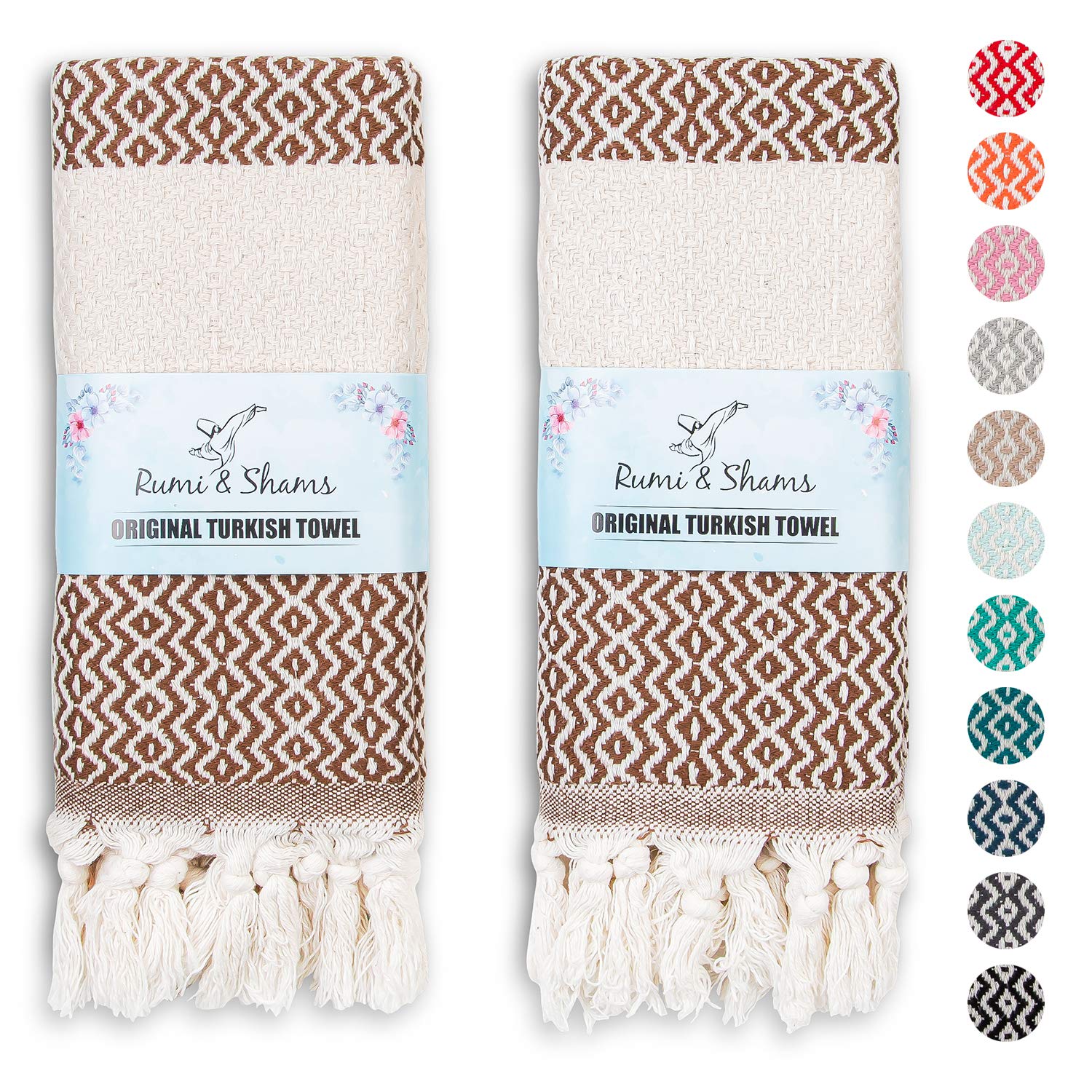 Rumi & Shams Turkish Towels - 2 pc Boho Brown Cotton Hand Towels - 16x35 - Oeko-Tex Certified