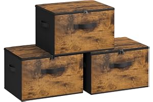 SONGMICS Foldable Storage Organizer Boxes, Set of 3 Storage Basket Bins with Lids, Handles, Clothes Organizer, 15.7 x 11.8 x 