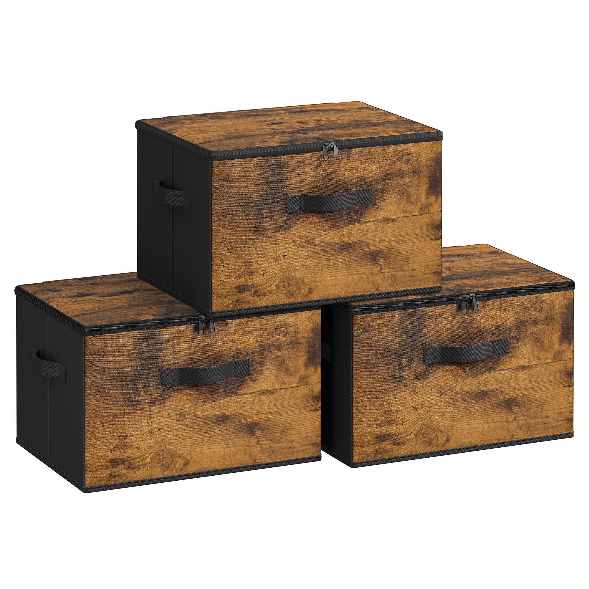 SONGMICS Foldable Storage Organiser Boxes, Storage Basket Bins with Lids, Handles, Clothes Organiser, Non-Woven Fabric, Set of 3, 40 x 30 x 25 cm, Rustic Brown RYZ103B01