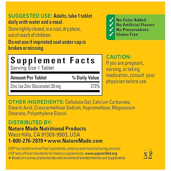 NATURE MADE ZINC 30 MG, ZINC SUPPLEMENTS FOR MEN & WOMEN, DIETARY SUPPLEMENT FOR IMMUNE HEALTH AND ANTIOXIDANT SUPPORT, 100 TABLETS, 100 DAY SUPPLY