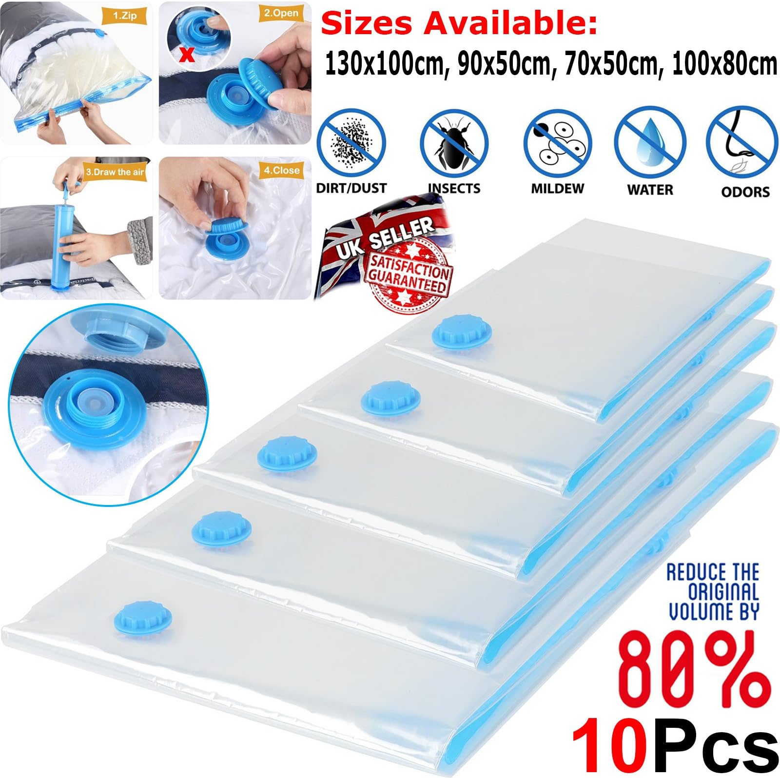 Safekom Storage Vacuum Bags, Large 10x 100x80cm, Premium Jumbo 10 Pack Vaccuum Reusable Space Saver Save 80% Storage Space Strong Vacum Compressed Seal and Leak Valve Makes Saving Space Easy! 10 Pcs Vac Bag Clothing & Wardrobe Storage Foldable Packing Organizer, Store, Protect & Organize Under Bed Storage Clothing Clothes Bag, Bedding & Luggage
