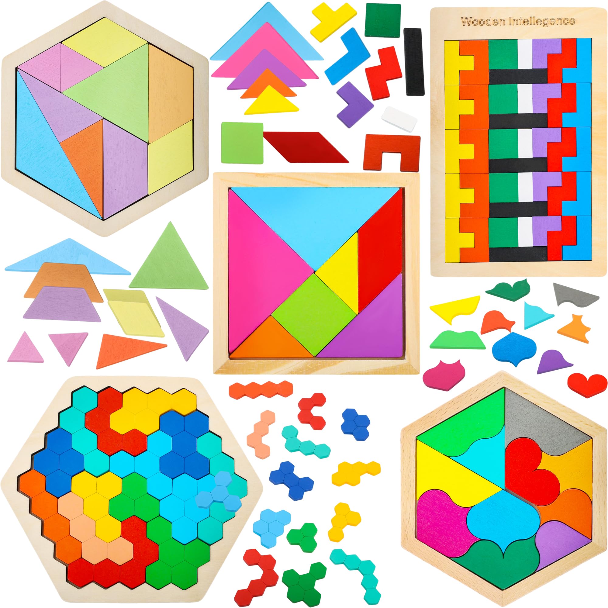 Swakuta 5 Pack Wooden Tangrams Puzzle set Wood Russian Blocks Tangram Puzzle Wooden Hexagon Puzzle Brain Teaser Puzzles for Adults Kids 3D Logic Intelligence IQ Game Gift