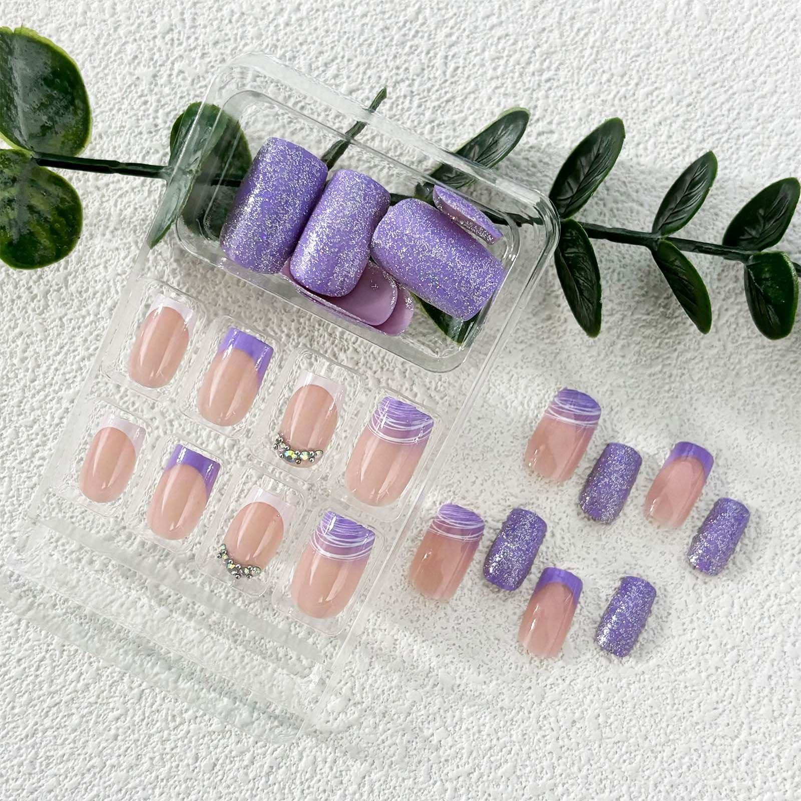 Purple Press on Nails Medium Square Fake Nails French Tip with Glitter Design Rhinestone Glue on Nails Glossy Full Cover Artificial Acrylic Stick on Nails for Women Girls Manicure 24Pcs - Image 4