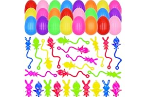 Menzcci 48 Pack Mini Easter Sticky Hand Toys with 24 Pcs Filled Plastic Eggs, Bunny Chick Sticky Stretchy Toys for Kids Boys Girls Easter Basket Stuffers Party Favors Gifts