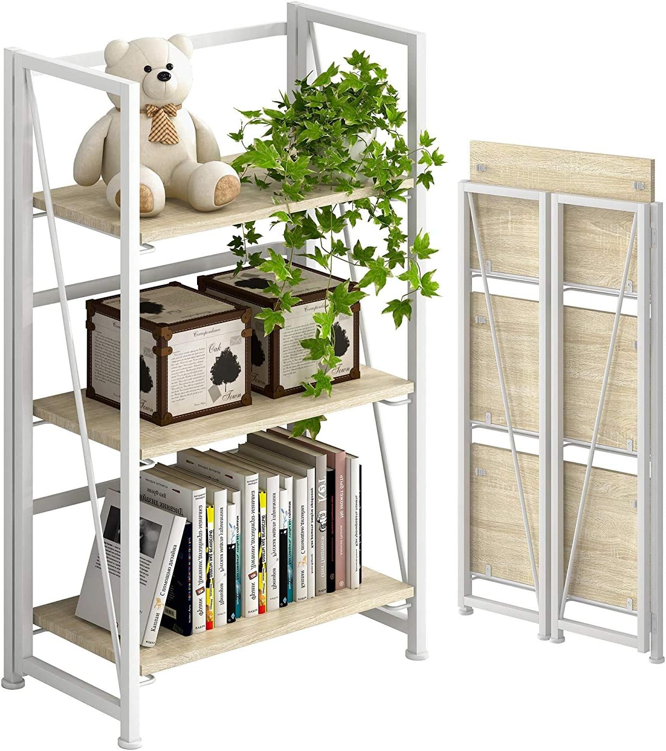 PRITINoAssembly FoldingBookshelf Storage Shelves 3 Tiers Vintage