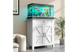 kepptory 20 Gallon Fish Tank Stand with Power Outlets, Farmhouse Decorative Aquarium Stand Furniture with Adjustable Shelves and Storage Cabinet, 10 Reptile Turtle Tank Stand (White, 20GL)