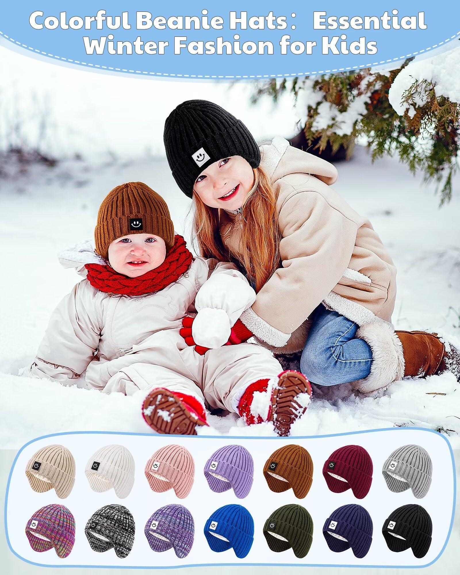 3 Pack Baby Beanie Hats with Earflaps, 2 Size Baby Winter Hat for Infant Toddler Kids, Fleece Lined Knit Hat for Girls Boys