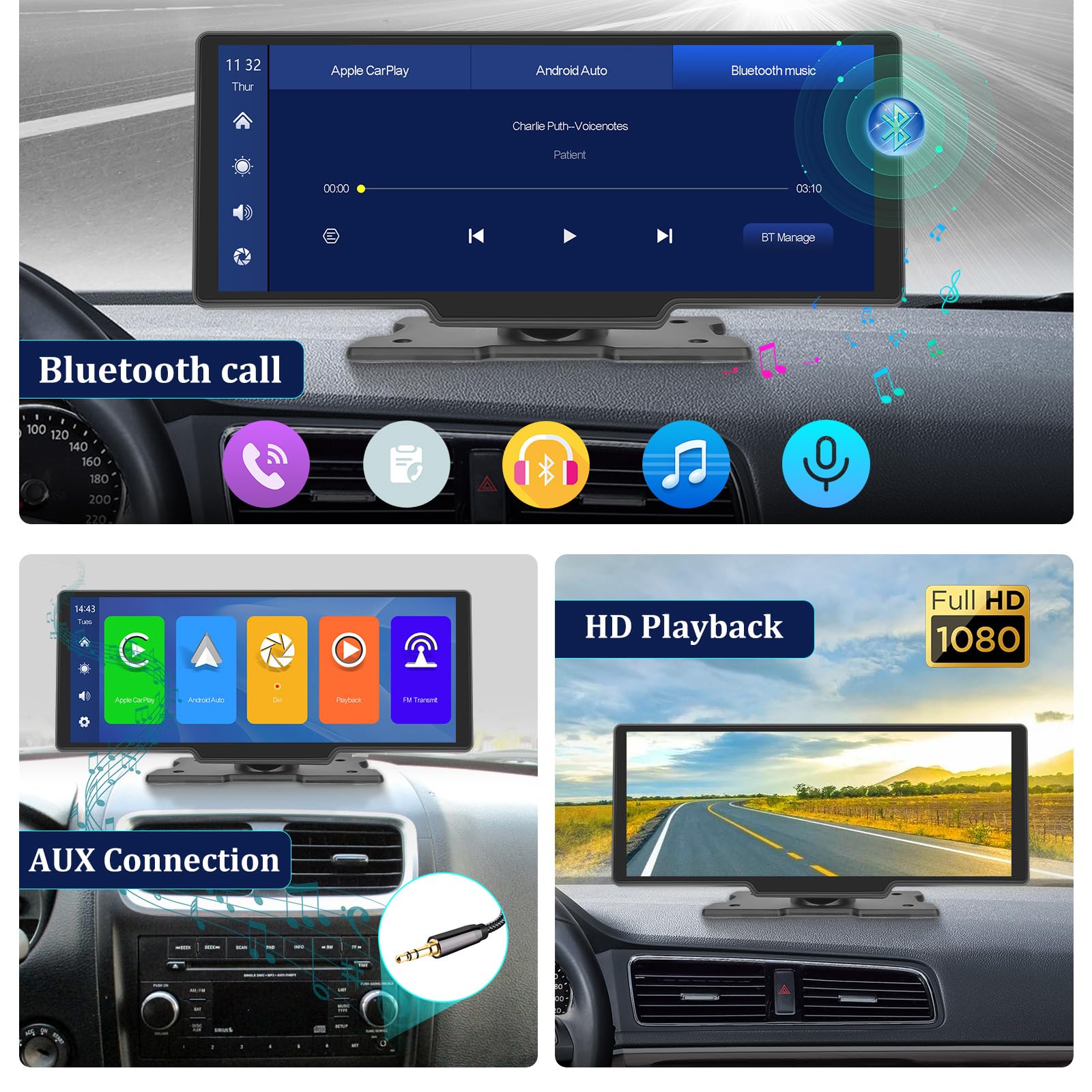 Carplay Screen Stereo 10.3 inch HD Wireless Portable Car Buddy Touchscreen Radio, Car Play & Android Auto FM Transmission Bluetooth for 7V-32V Vehicles