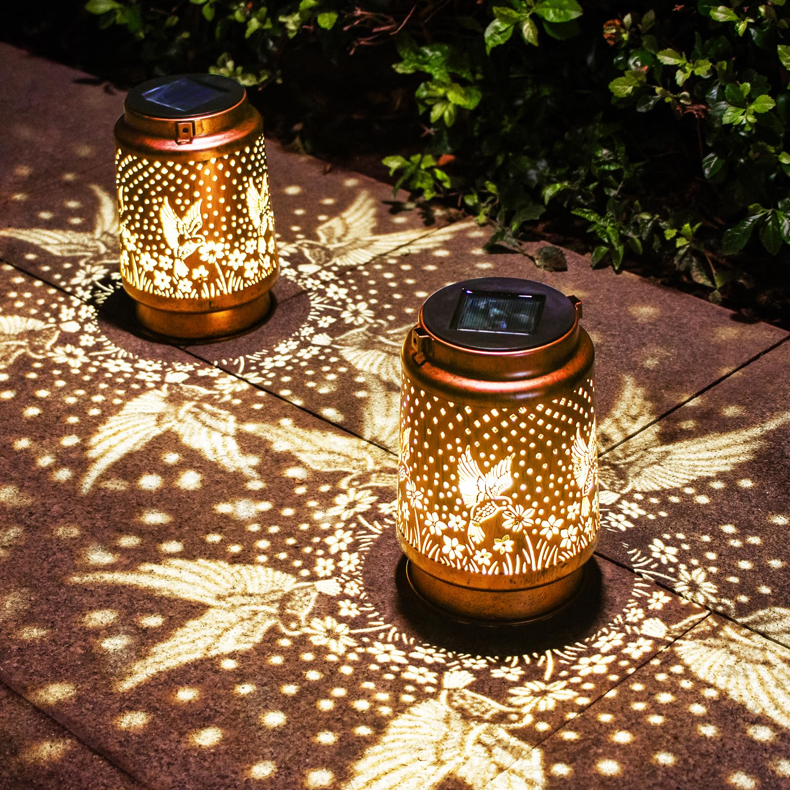 TickTime 2 Pack Hummingbird Garden Solar Lantern, Metal Solar Hummingbird Lantern Outdoor Waterproof Hummingbird Decorative Light Garden Decor Perfect Hummingbird Gifts for Women Mom Grandma, Brown