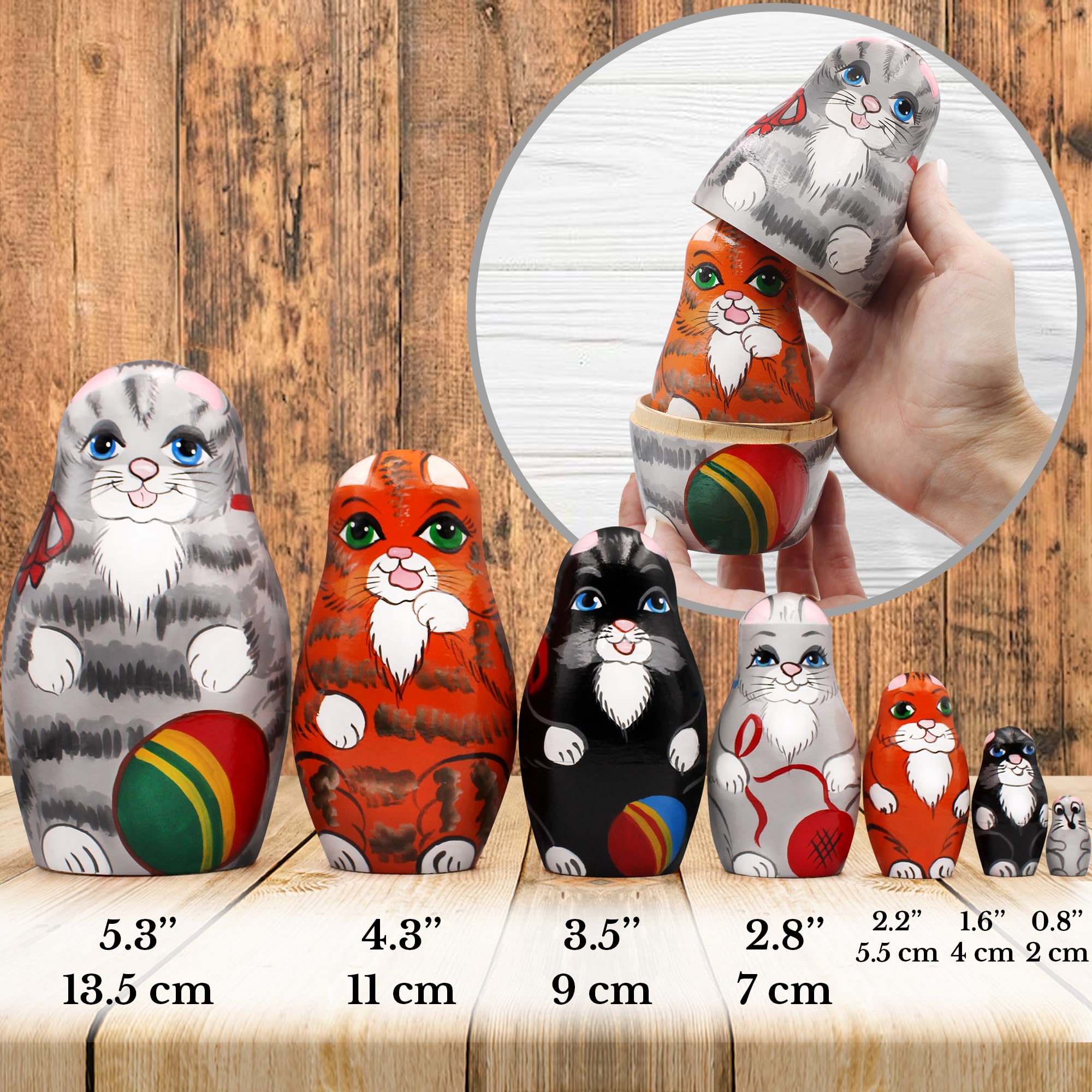 AEVVV Matryoshka Nesting Doll Set of 7 pcs - Cat Figurines - Kitten Decor - Cat Themed Gifts