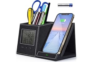 WIRELESS FUTURE CHARGER Pen Holder, Pen Organizer for Desk with Wireless Charger, Digital Indoor Thermometer and Humidity Gauge, Desk Organizers and Storage, Multifunctional Home Office Organizers for Desk (Battery Included)