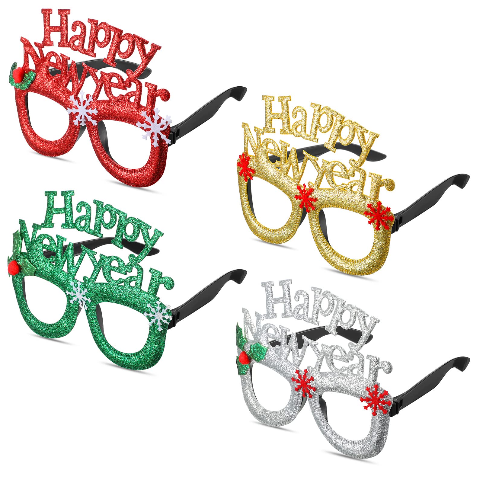 Queekay 4 Pieces New Year Christmas Glitter Party Glasses Eyeglasses, Funny Eyewear Photo Prop for 2026 New Year's Eve Party Decorations Supplies