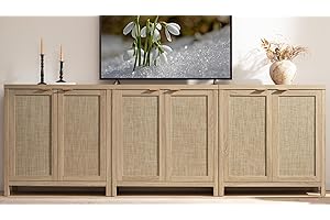 SICOTAS Rattan Cabinet Sideboard Buffet Storage Cabinet - 3 Pieces Farmhouse Boho Credenza Coffee Bar Cabinet with Rattan Decorated Doors for Kitchen Living Room - Light Oak