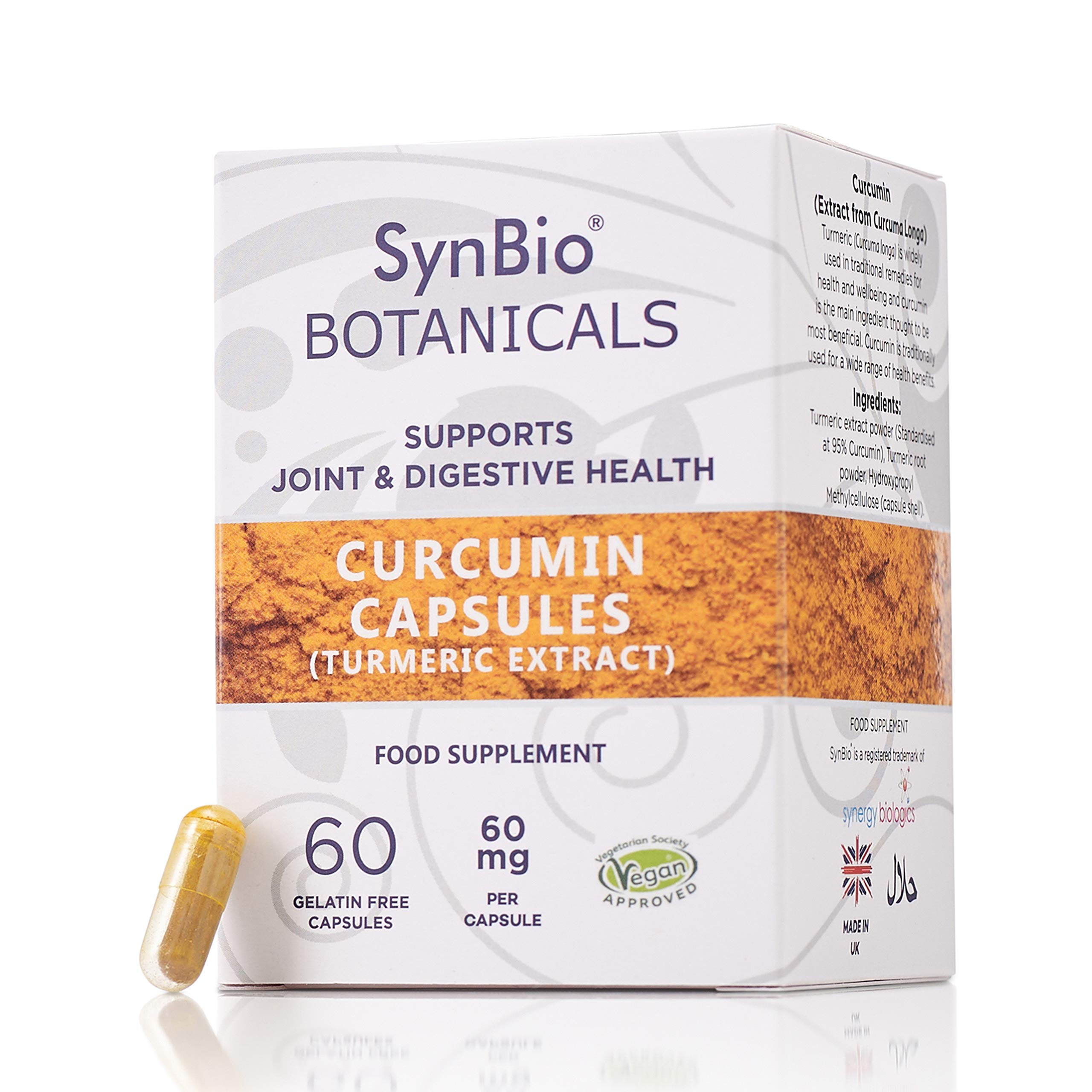 SynBio Botanicals - Curcumin/Turmeric Extract (95% Curcumin Extract) | Vegan Certified | Made in UK | Gluten Free | Salt Free | Nut Free | Kosher | Halal | Supports Joint & Digestive Health