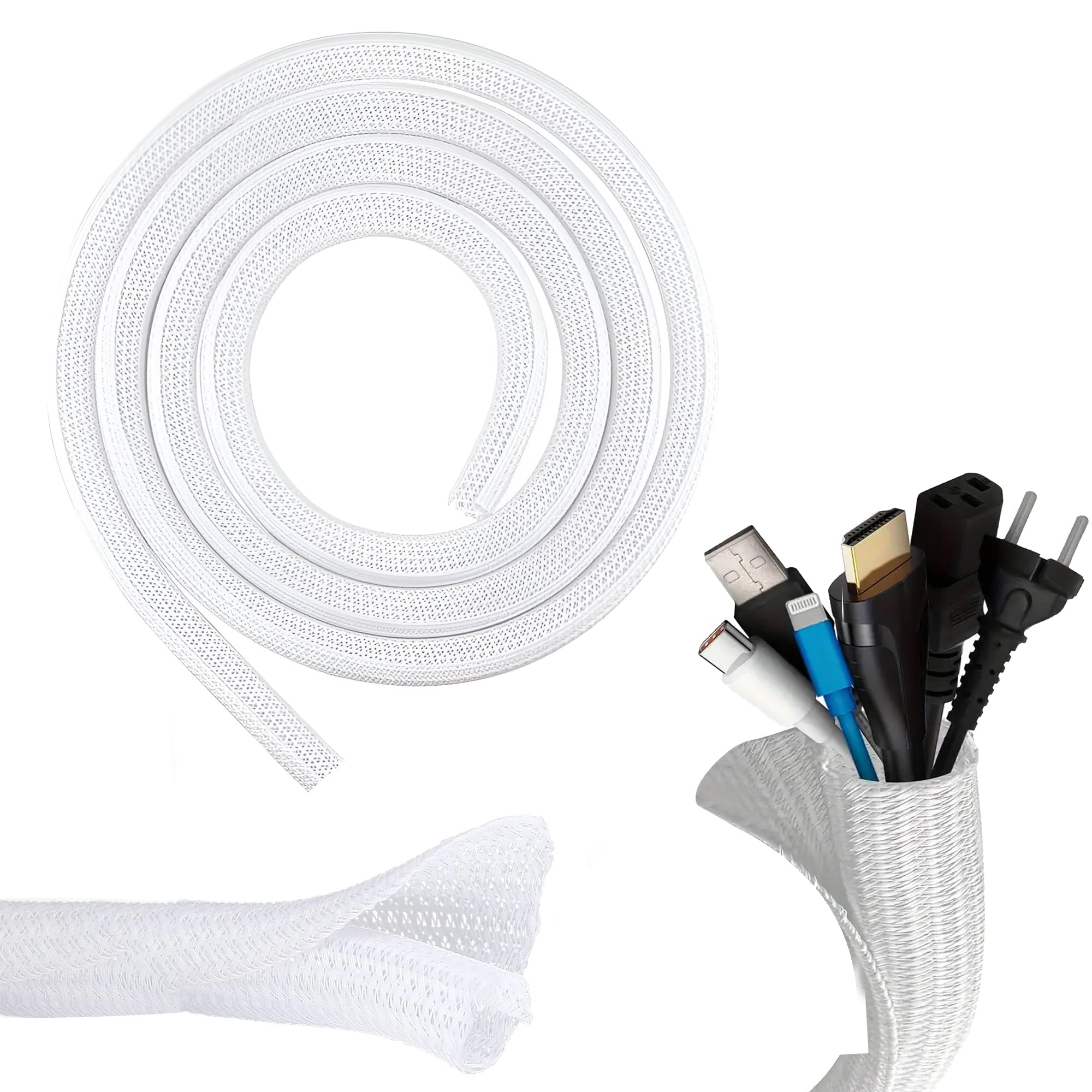 10ft White Cable Tidy Sleeve - 3m Wire Loom Tubing Cable, Prevent Pets Chewing Wires, Heat Resistant and Flame Retardent, Cover Protector, Organiser for PC TV Computer Printer Cables