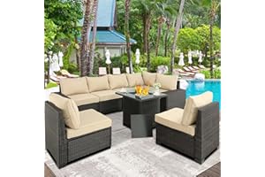 Furnimy Outdoor Furniture Patio Furniture Sets Conversation Sets Sectional Sofa Couch Wicker Rattan Balcony Furniture for Lawn,Garden,Porch and Poolside (Brown-Beige, w/Fire Pit Table Plus)