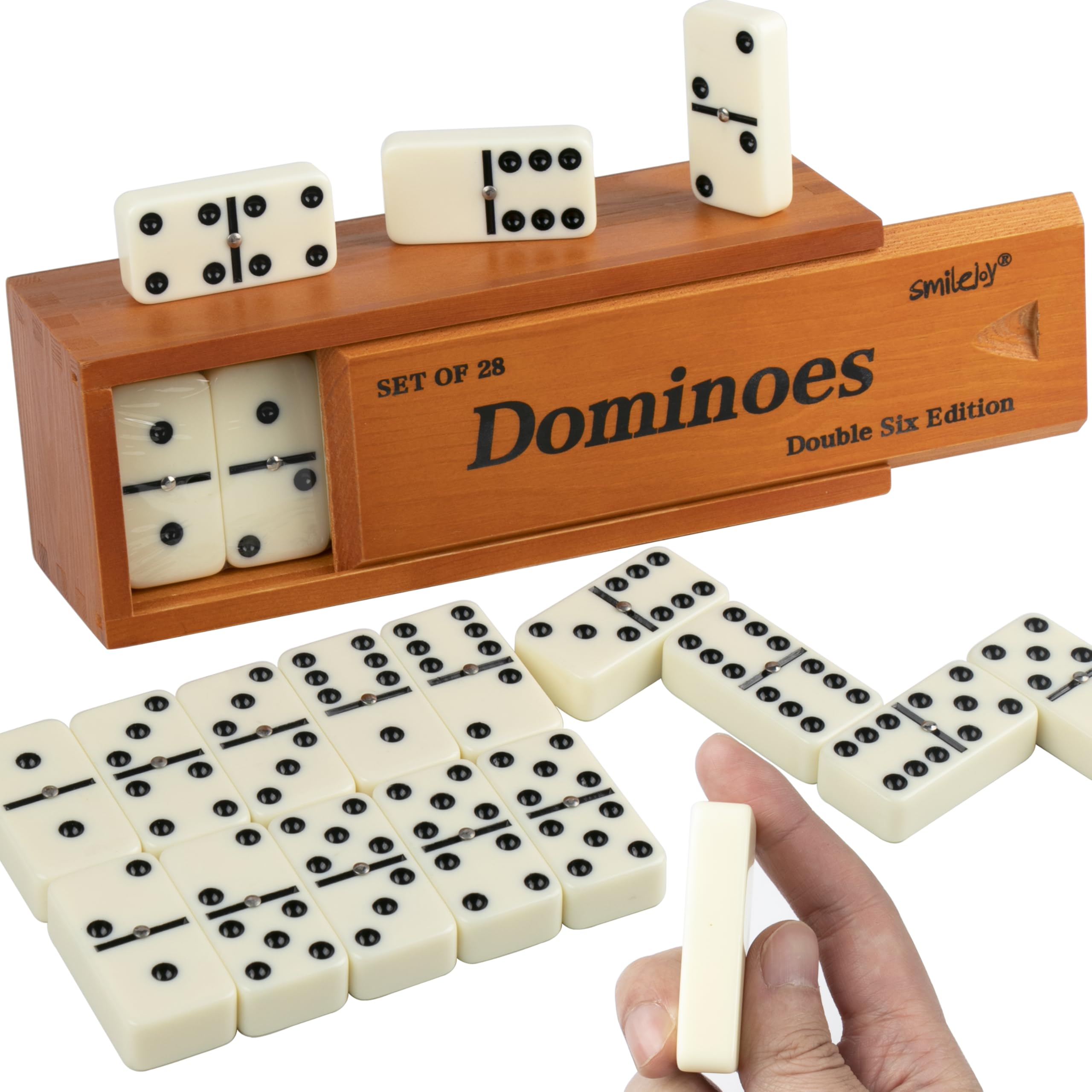 Photo 1 of Smilejoy Dominos Set for Adults -Jumbo Size Dominoes Double Six Edition- Classic Board Games- Thick Size Double 6 Domino Set with Deluxe Brown Wood Box, 28 Tiles (2-4 Players)