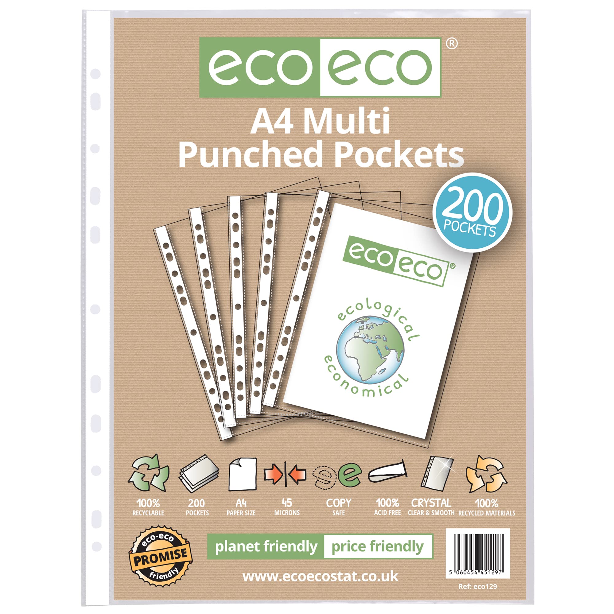 eco-eco A4 100% Recycled Multi Punched Pockets Glass Clear, Transparent Poly Wallet Sheet Protector, 45 Microns, 200 Wallets, eco129, 200 Pockets